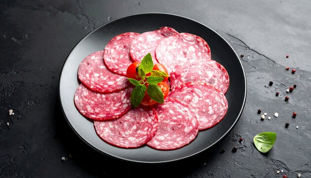 Salami slices attractively arranged on a dark plate, garnished with basil and tomatoes