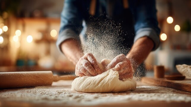 Baker hands kneading dough with flour flying in a warm, cozy kitchen setting