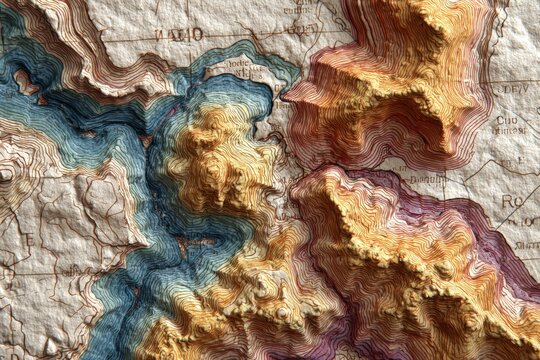 Vintage topographic map featuring intricate contour lines and colors depicting mountainous terrain and water bodies, showcasing geographical features and elevation changes