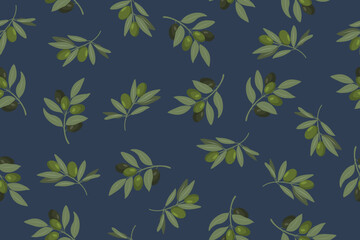 Fototapeta premium Seamless olive leaves pattern on deep blue background. Elegant Mediterranean botanical texture perfect for premium food packaging, textiles and olive oil branding.