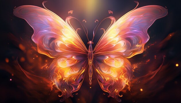 a surreal image of a burning butterfly with one wing glowing reflections and soft gradients of warm orange and pale pink