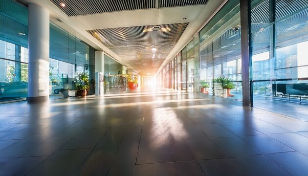 blurry view of a modern office hallway glass walls lighting and interior spaces are softly focused