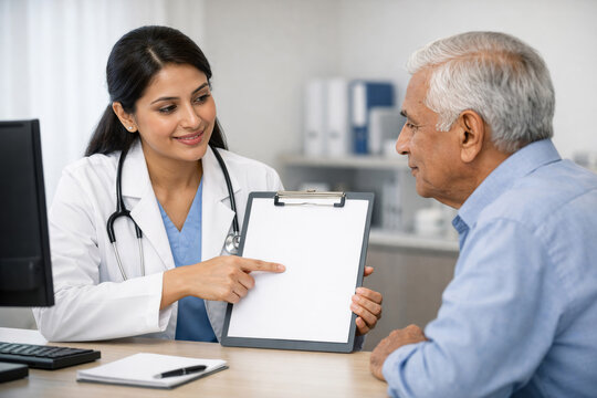 Indian Female Doctor Explaining Medical Report to Senior Male Patient During Hospital Consultation