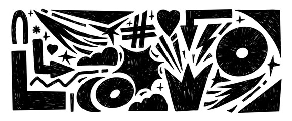 Obraz premium Marker abstract geometric shapes. Grunge textured circles, arrows, triangles, and naive geometric elements for creative design. Vector pencil crayon doodles pattern background. Black and white bg.