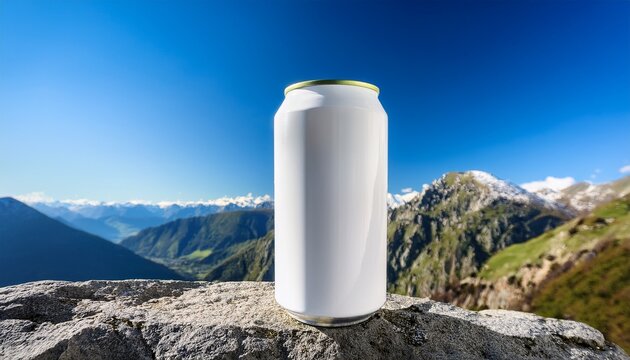 white can atop a stone against blue sky and mountain background