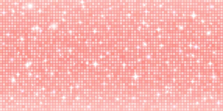 Glittering rose gold disco ball pattern with mirror mosaic and sparkle lights. Pink gradient sequin texture shimmer wall. Vector glam background.