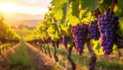 Naklejka premium A lush cluster of ripe purple grapes hangs from a grapevine branch in a red Merlot vineyard during a golden autumn sunset harvest on the winery farm