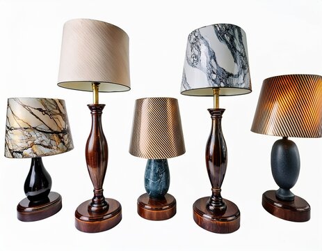 six table lamps with marble patterned shades and bases