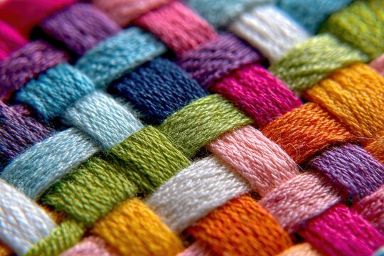 Close-up of colorful woven threads in a textile pattern showcasing various shades of blue, green, pink, orange, and purple in a detailed arrangement