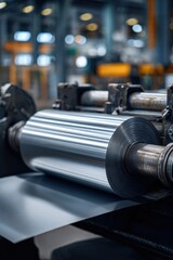 Fototapeta premium Industrial metal coil processing on a large manufacturing machine in a factory setting
