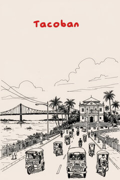 Tacloban, Philippines Pen Line Art Illustration of City Landmark and Travel Scene