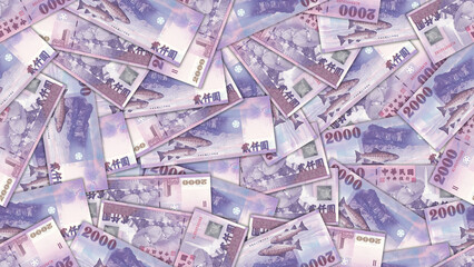 Finance illustration. Seamless pattern. Disorganized scattered banknotes of 2000 dollars, republic of Taiwan. Taiwanese money. Textured background or wallpaper. Obverse and reverse. Bills