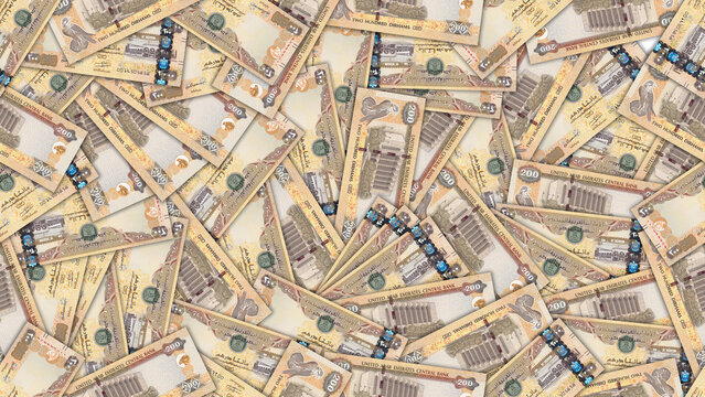 Finance illustration. Seamless pattern. Disorganized scattered plastic banknotes of 200 dirhams United Arab Emirates. UAE money. Textured arabic background or wallpaper. Obverse and reverse. Bills