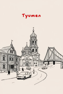 Tyumen, Russia Pen Line Art Illustration of City Landmark and Travel Scene