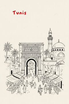 Tunis, Tunisia Pen Line Art Illustration of City Landmark and Travel Scene
