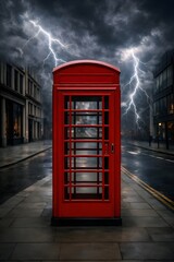 Obraz premium Dramatic Red Telephone Booth on a Deserted London Street During a Powerful Lightning Storm and Dark Moody Clouds at Twilight