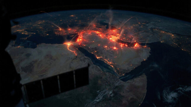 A Dramatic Depiction of Earth Illuminated by Conflict, Showing the Glow Over the Middle East and Chaos From Space