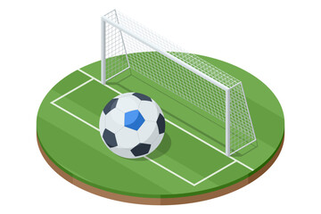 Isometric football goalkeeper defending goal with soccer ball near net on field. Sport defense action concept. Championship competition, teamwork, training and professional stadium sport event.
