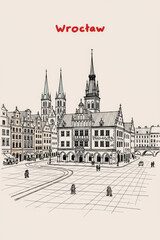 Fototapeta premium Wrocław, Poland Pen Line Art Illustration of City Landmark and Travel Scene