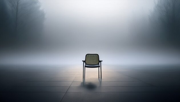 a single chair sits alone in a foggy room hyperrealistically rendered the scene evokes solitude mystery and quiet introspection highlighting atmosphere light diffusion and minimalist compositio