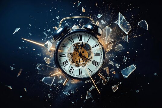 A shattered clock is exploding against a dark background, symbolizing time&rsquo;s disruption.