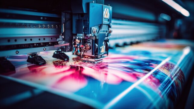 Close-up of a large format printer head applying vibrant ink onto a colorful printed surface