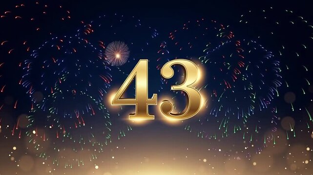 Golden Number 43 with Fireworks Display for Anniversary Celebration.