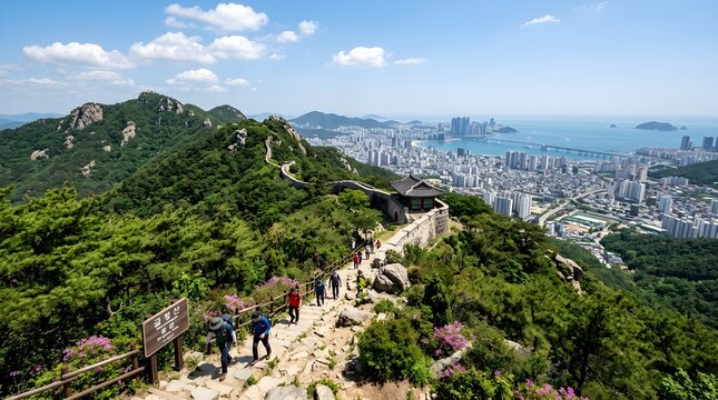 Panoramic view of Geumjeongsan mountain peaks overlooking Busan city skyline and ocean at sunset, beautiful Korean nature and urban landscape