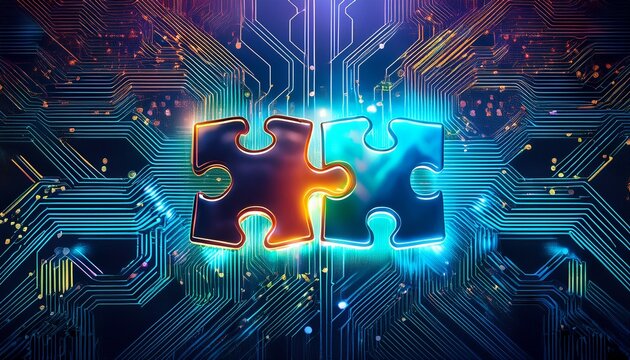 puzzle pieces connected by neon lines against circuit board background m interoperable tech integration