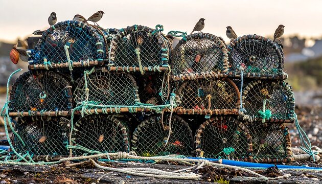 Stack of blue fishing traps with perched sparrows under a dusky sky