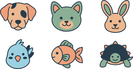 Fototapeta premium Set of Cute Pet Animal Head Icons including Dog Cat Rabbit Bird Fish and Turtle 