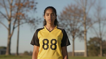 Fototapeta premium Young female soccer player in team jersey on field, youth sports and athletic determination concept