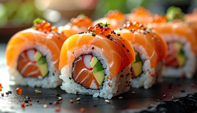 Salmon rolls with avocado and crab stick atop rice. Garnished with caviar and sesame seeds on a dark surface