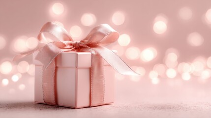 Fototapeta premium Elegant pink gift box with satin ribbon and soft bokeh lights in the background