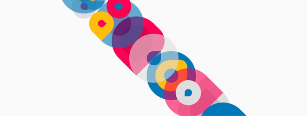 Fototapeta premium Abstract colorful circles overlap diagonally. Bright hues create dynamic visual pattern. Simple shapes, modern design.