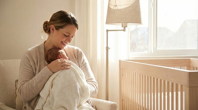 Woman smiling holding swaddled baby beside crib and lamp in bright nursery