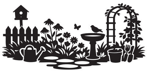 Small Backyard Flower Garden Silhouette, Silhouette Vector, Isolated on White Background