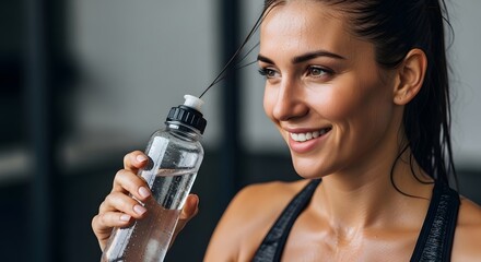 Smiling athletic woman hydrating with a water bottle, post-workout refreshment, fitness and wellness lifestyle