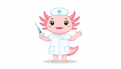 Fototapeta premium Adorable cartoon axolotl character dressed as a friendly nurse, gently holding a syringe and ready to offer caring medical assistance and cheerful support