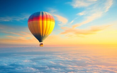 Fototapeta premium A vibrant hot air balloon floats against a colorful sunset sky above fluffy clouds