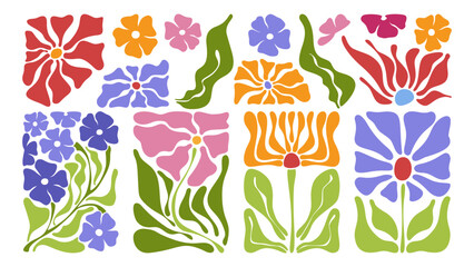 Plakat Abstract doodle floral patterns with Matisse style flowers and leaves. Retro vector design for trendy posters with cut out plants, botanical prints with groovy vintage style.