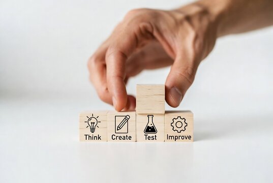 A hand is holding a wooden block with icons representing thinking, creating, testing, and improving.
