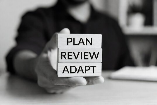Hands holding blocks with the words PLAN, REVIEW, ADAPT displayed. Strategic planning and iterative improvement process. A desk or office environment.
