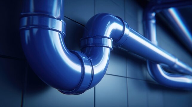 Close-up view of shiny blue industrial pipes against a tiled wall background