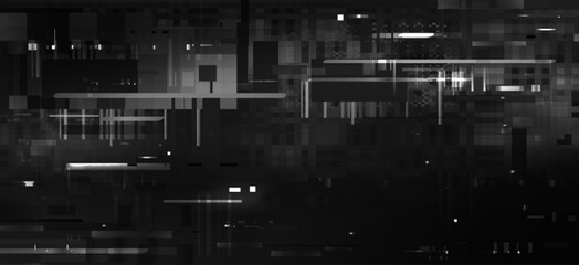 Black glitch background with pixelated noise effect. Vector realistic illustration of abstract video rewind pattern on damaged screen background, retro tv display, signal distortion, hacker attack © klyaksun