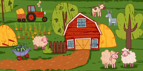 Doodle crayon garden scene with road, barn with wooden fence and wheelbarrow, cute animal characters. Colorful farm landscape vector cartton illustration, hand drawn texture © klyaksun