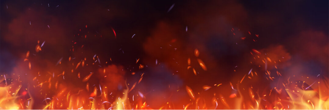 Realistic fire flames with glowing sparks and smoke effect on black background. Vector illustration of fiery orange and red burning embers, dramatic heat overlay