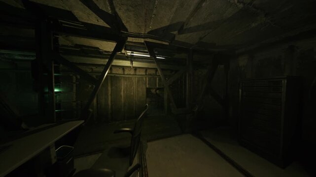 dark underground control room with silent consoles and dusty racks, flickering overhead light, empty chairs and tangled cables, tense hush of abandoned