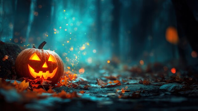 Spooky jack-o-lantern glows eerily in a dark, enchanted forest with magical lights
