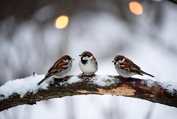 Three sparrows are perched on a snowy branch.